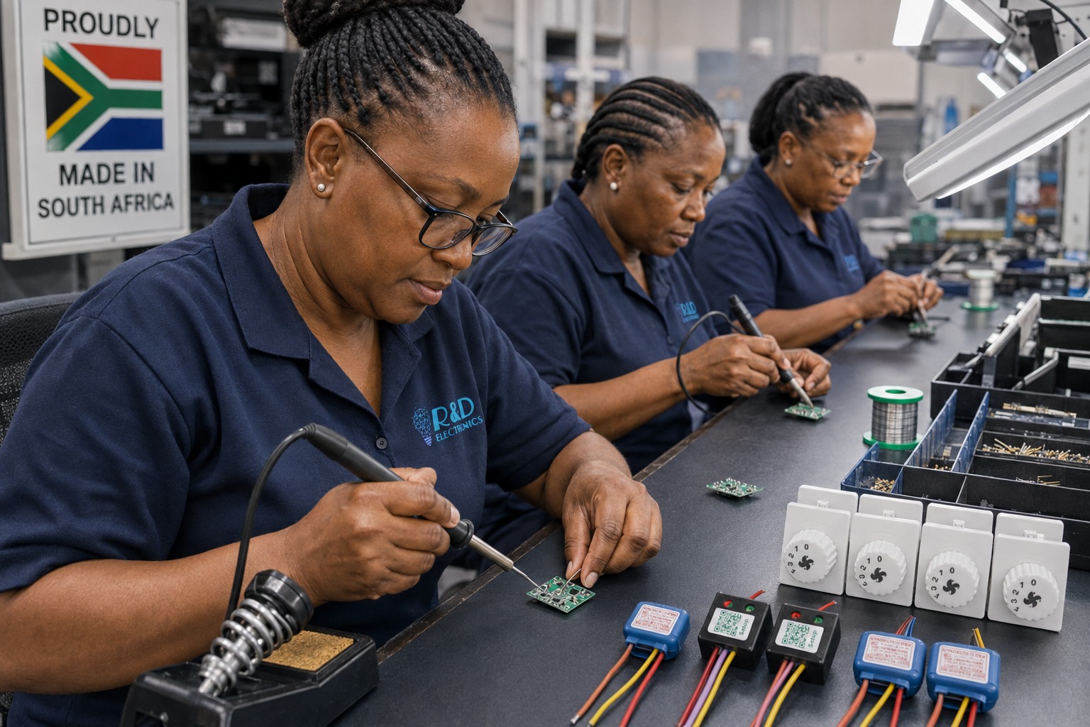 R & D Electronics staff assembling dimmer boards at the Cape Town factory