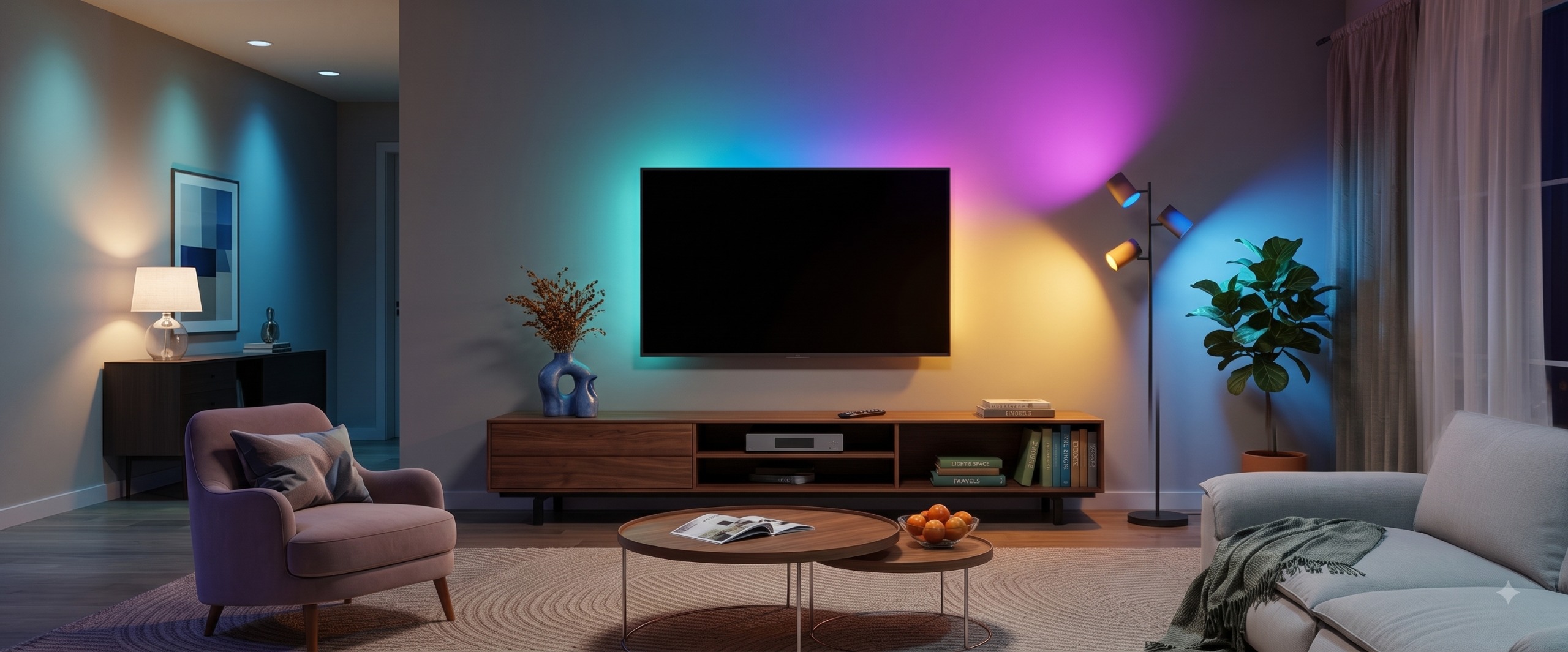Lounge lit by dimmed ambient colour lighting behind a wall-mounted TV