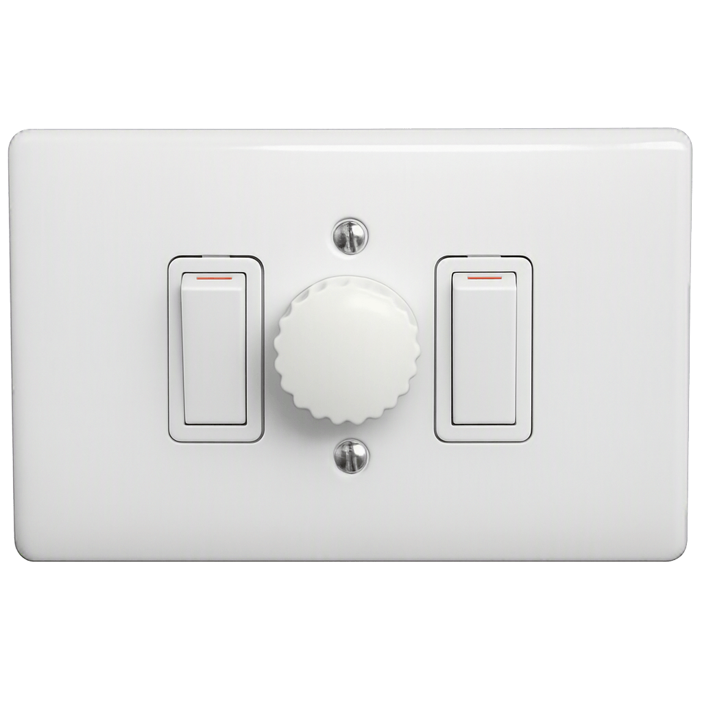White dimmer plate with two switches and a rotary knob